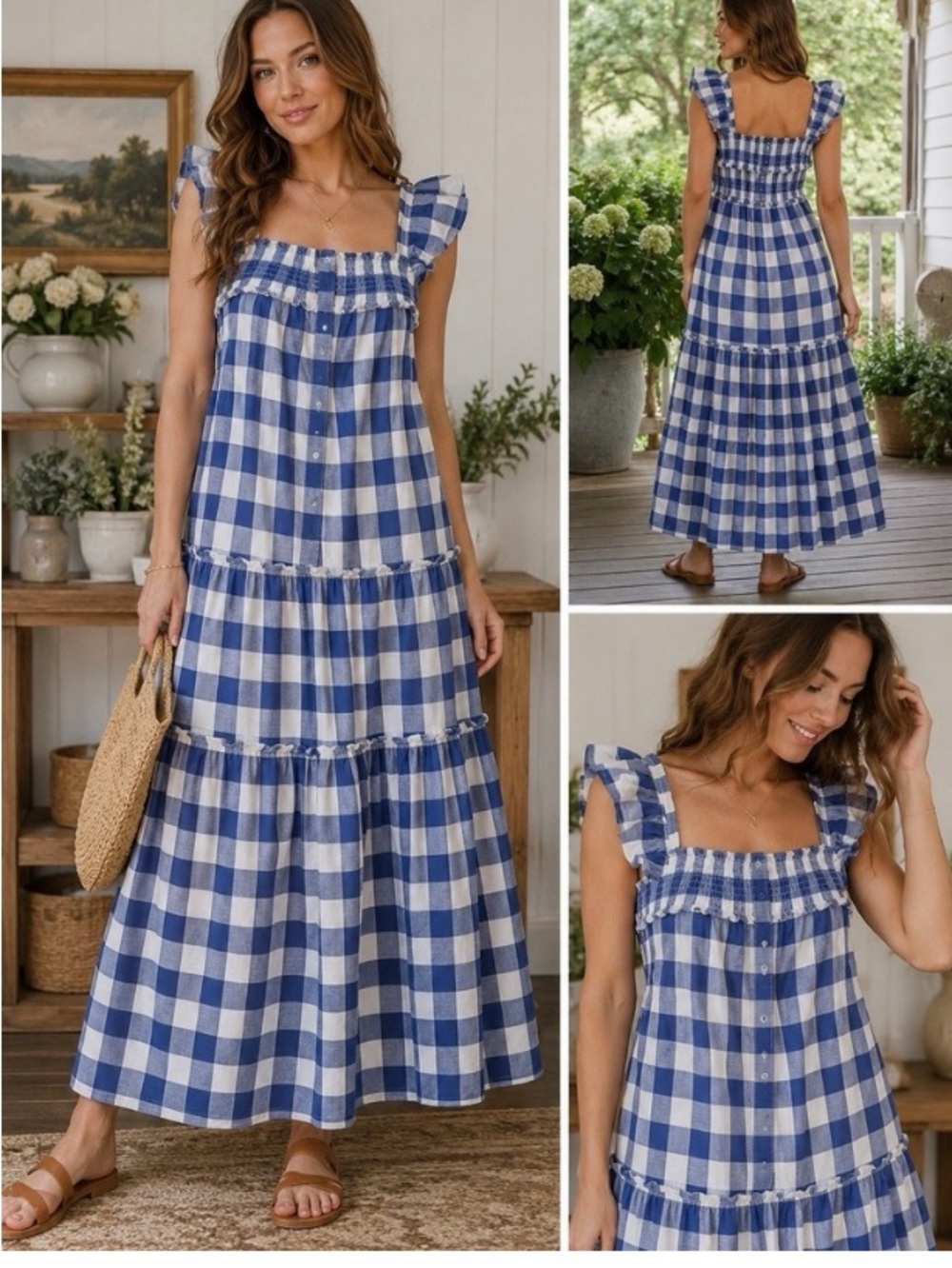 Old Navy Blue and White Gingham Ruffle-Strap Maxi Dress